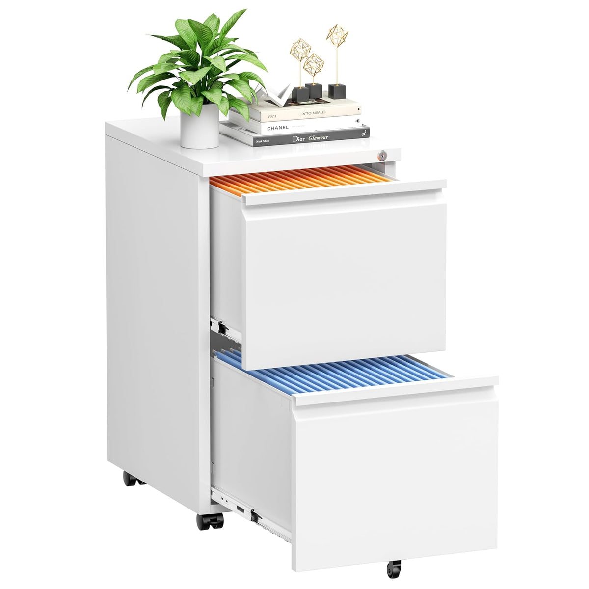 INTERGREAT 2 Drawer File Cabinet with Wheels, Metal Filling Cabinet with Lock, Locking Office Mobile Cabinet with Wheels for Legal/Letter Size, Under Desk, Easy Assemble, White