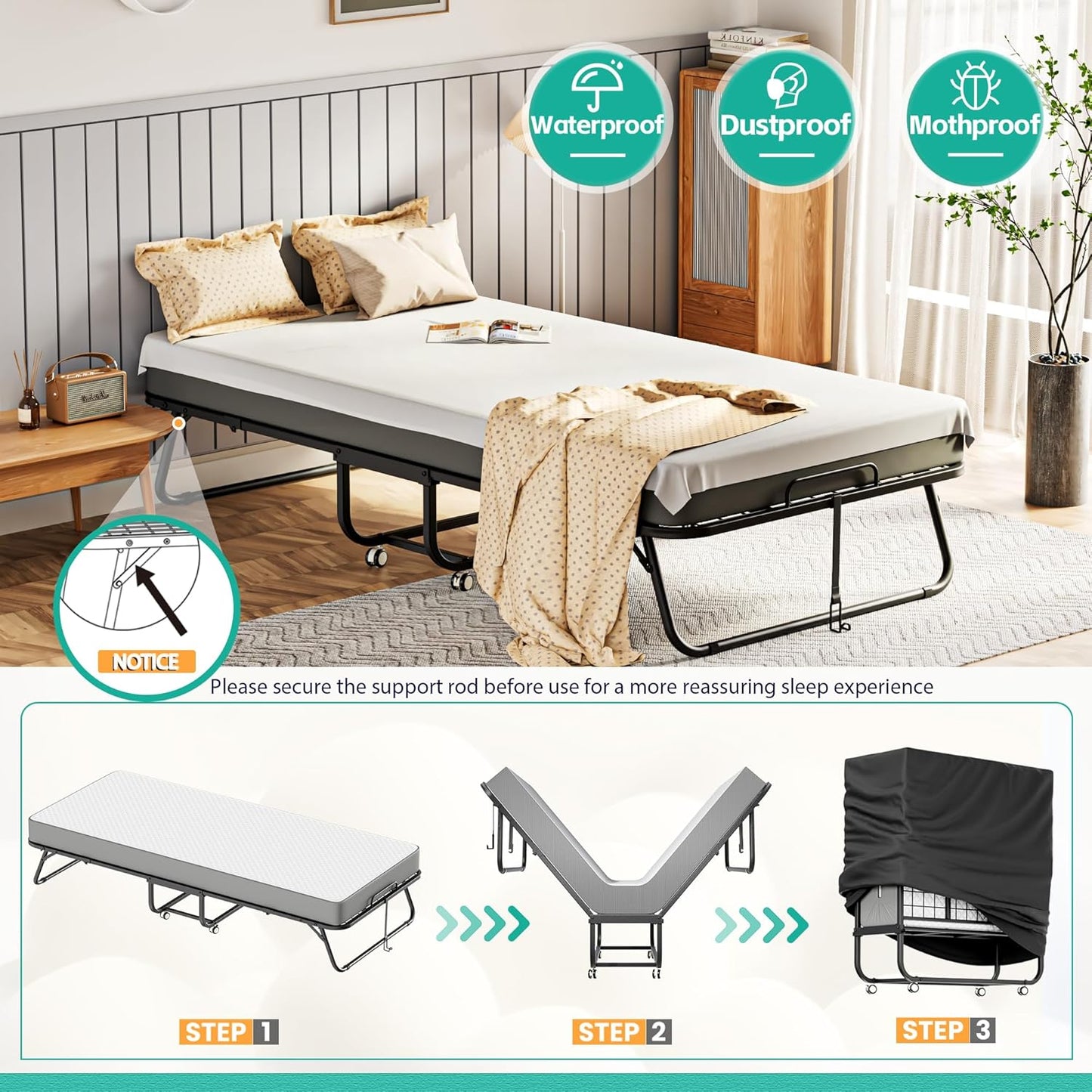 Greenvelly Folding Bed with 5 Inch Mattress, 75” x 38” Portable Rollaway Bed with Memory Mattress and Metal Frame for Adults,Guest, Twin Size,Cot Size