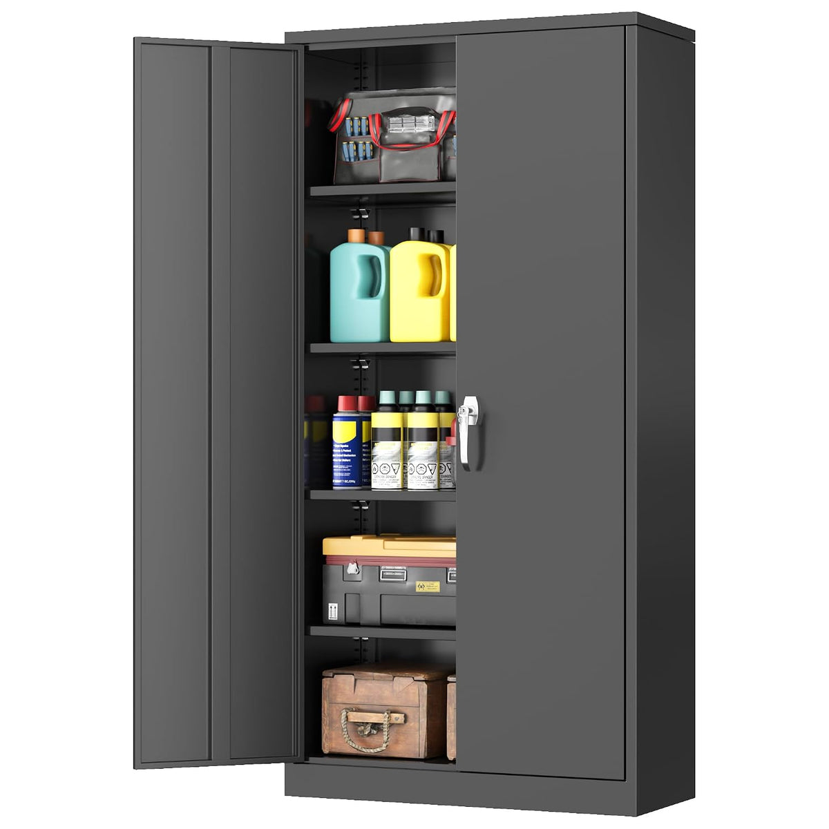 INTERGREAT Metal Garage Storage Cabinet with Lock, 72" Storage Cabinet with Locking Doors and 4 Adjustable Shelves, Lockable Steel Tool Cabinet for Home Office, School, Black Green