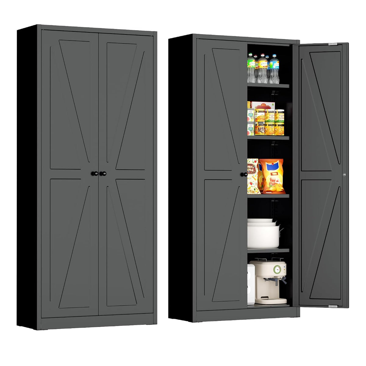 INTERGREAT Metal Storage Cabinet with 2 Doors and 4 Shelves,Tall Kitchen Pantry Cabinets,Farmhouse Utility Pantry Organizers for Dining/Bathroom/Home Office/Garage Room,Black