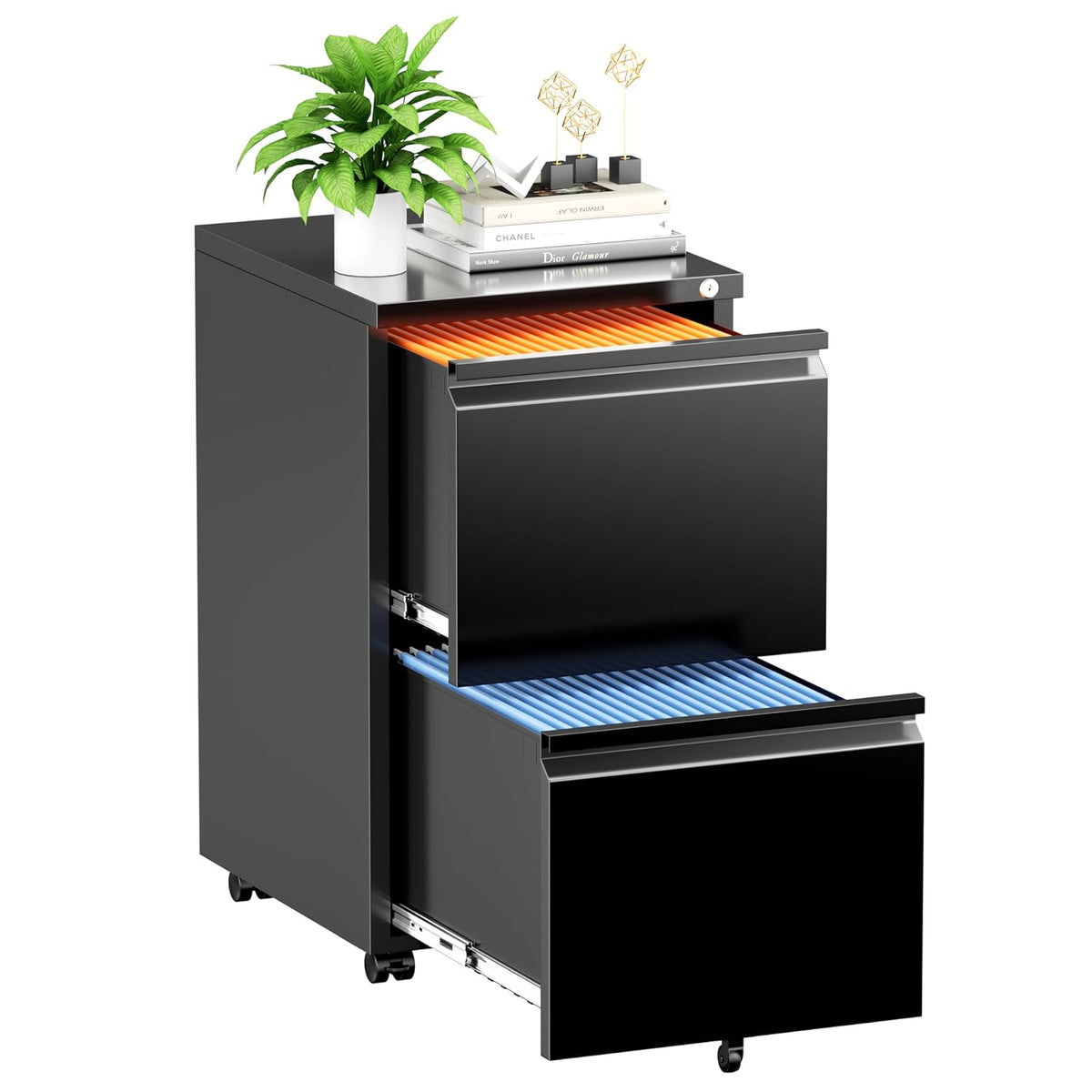 INTERGREAT 2 Drawer File Cabinet, Metal Filling Cabinet with Lock, Locking Office Mobile Cabinets with Wheels for Legal/Letter Size, Under Desk, Black