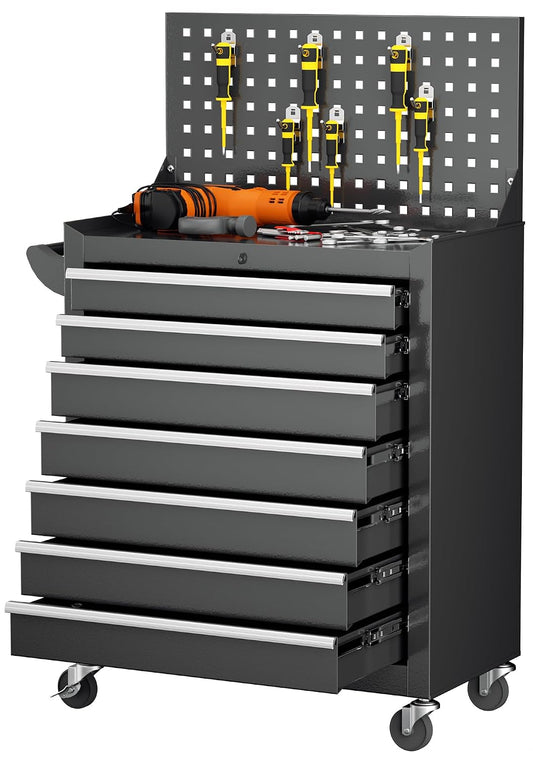 INTERGREAT 7 Drawers Rolling Tool Chest with Pegboard, Metal Tool Chest with Drawers, Tool Storage Cabinet with Wheels for Garage, Workshop, Repair Shop
