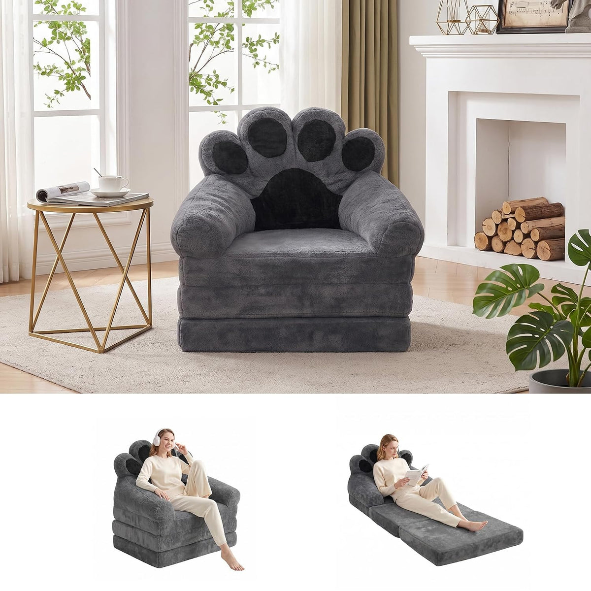 INTERGREAT Black Folding Sofa Bed – 2-in-1 Convertible Lounger with Adorable Cat Paw Backrest, Plush Chenille Floor Couch, Comfy Sleeper Chair for Living Room, Bedroom, Playroom, Space-Saving